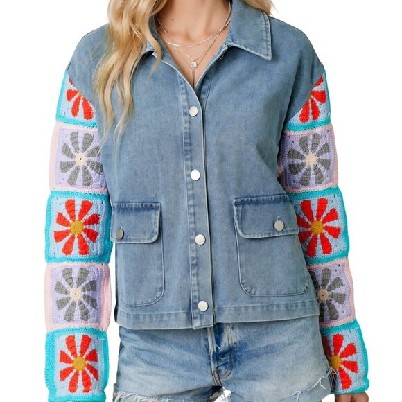 Mystree Crochet Sleeve Medium Wash Denim Jacket Bohemian Size M - Picture 7 of 11